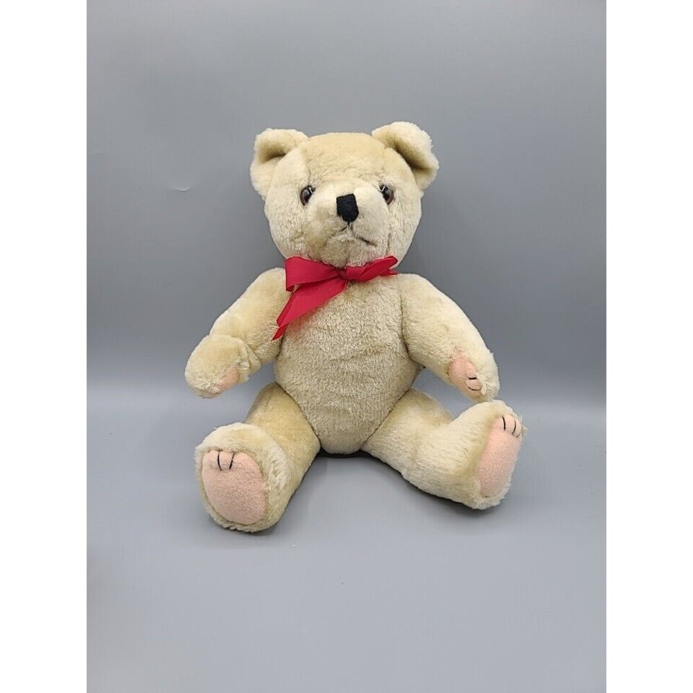 Jointed Plush Teddy Bear Tan With Red Bow Posable Stuffed Animal 12 Inch